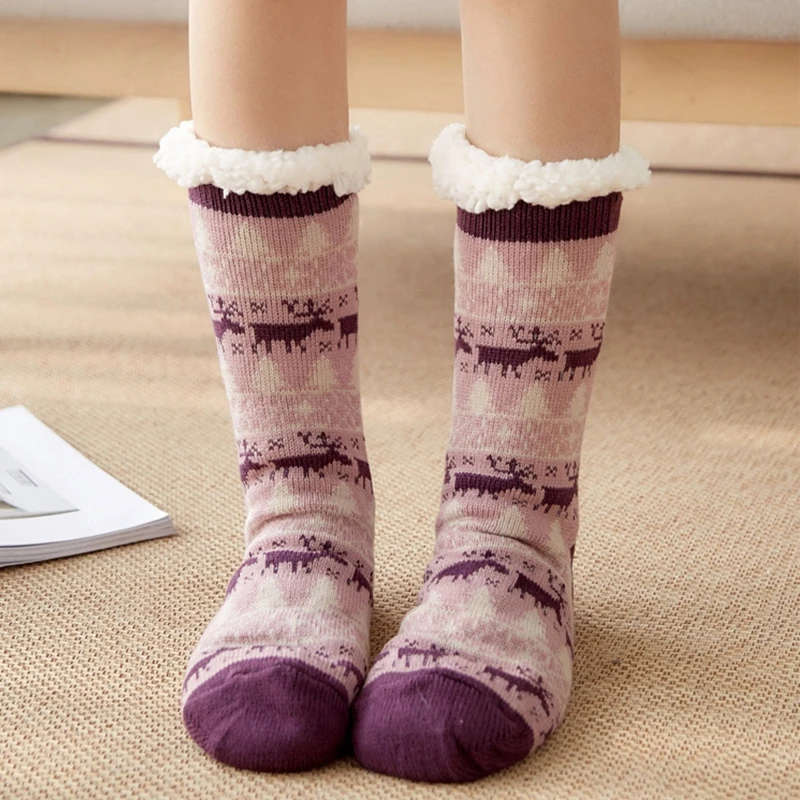 

Women Winter Warm Fuzzy Faux Fleece Lined Soft Slipper Socks with Non Slip Grippers Christmas Reindeer Knitted Home Floor Hosier