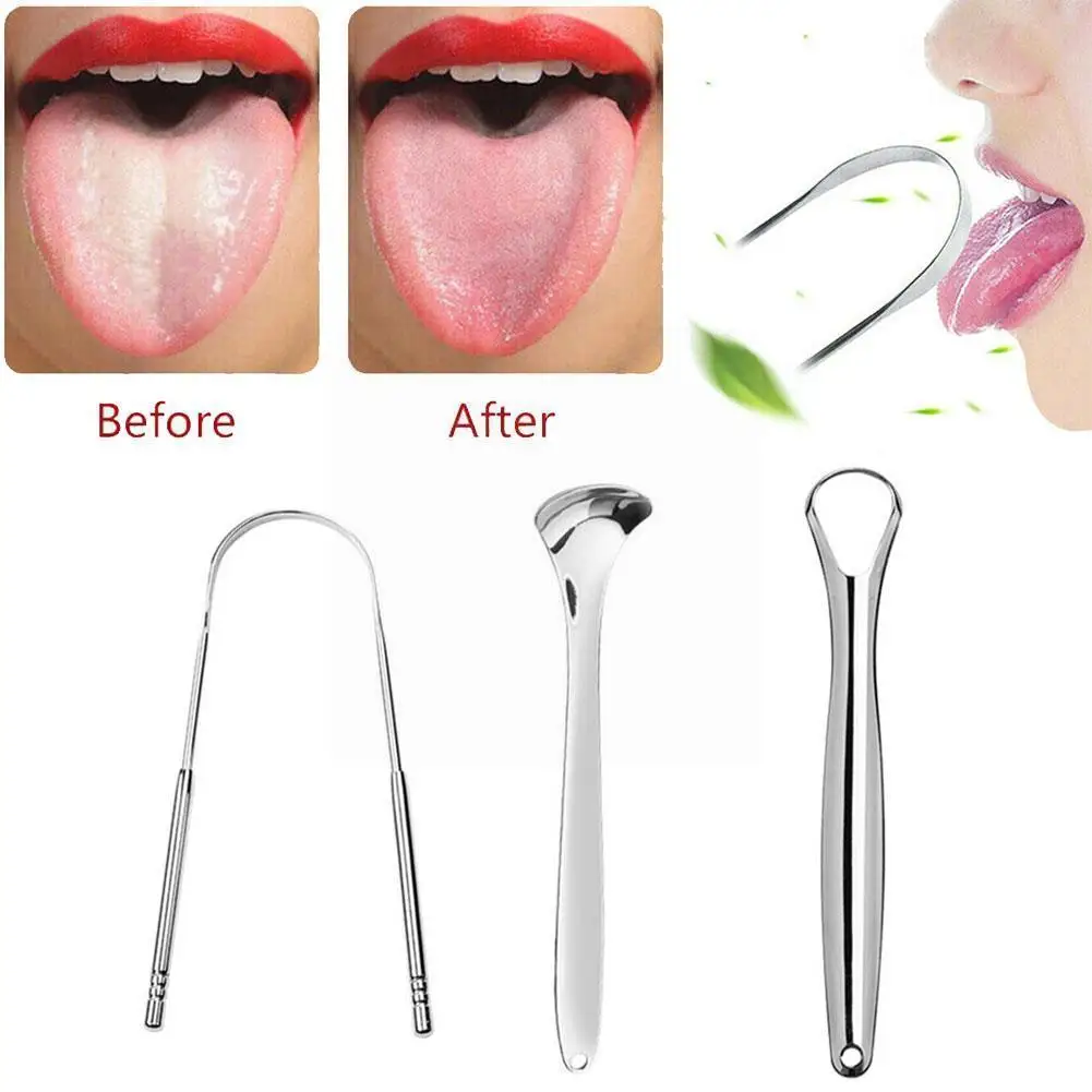 

New 3 Pcs Tongue Cleaner With Travel Handy Steel Brush Scraper Kit Adult Dental Metal Tongue Dental Tool Care F1f4