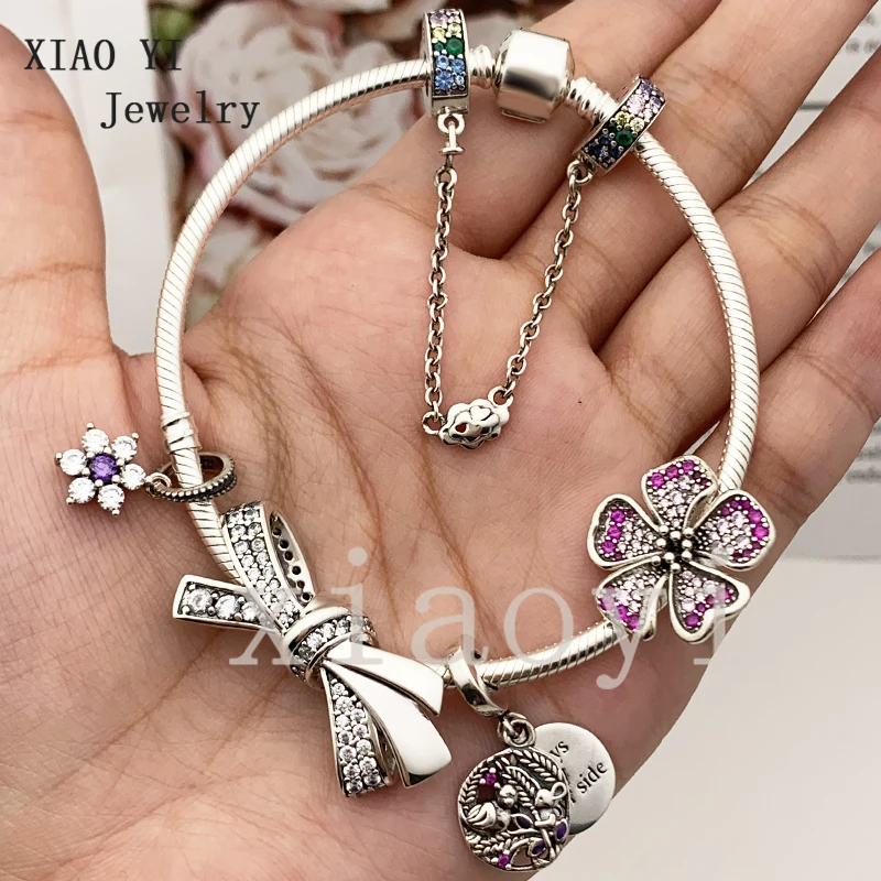 

XIAOYI 2020 New 100% S925 Zircon flower bow safety chain gentle quality high quality bracelet DIY trinket birthday gift female