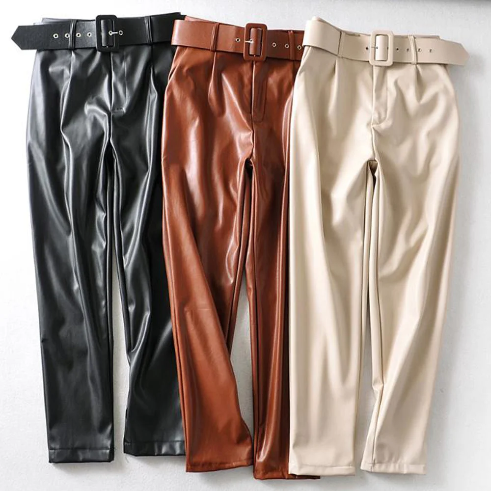 

Autumn Winter Faux Leather Office Woman Pants High Waist Sashes Black Ladies Suit PU Leather Trousers Pantalones Mujer