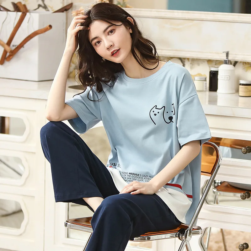 

Fashion Light Green Plus Size O-neck Female Homewear Summer Cotton Pajamas For Women Korean Daisy Floral Short Sleeves Sleepwear