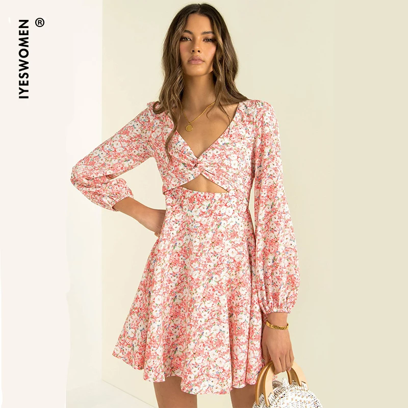 

IYESWOMEN Pink Floral Hollow Out Knot Lantern Sleeve V-Neck Casual Mini Dress Women A-Line Autumn Sexy Party Dresses Vestido