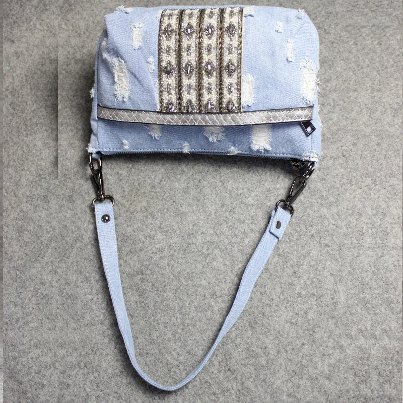 

New style women's bag small fashion hole denim bag inlaid with diamond portable One Shoulder Messenger Bag Multi Pocket zipper