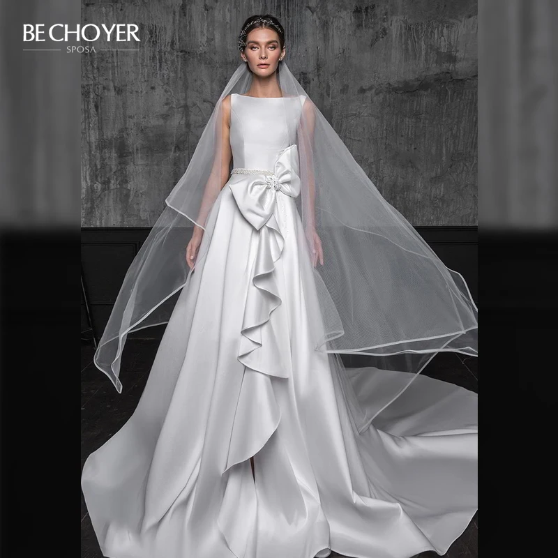 Vestido de Noiva Простой Бисероплетение атласное свадебное платье Бант Кристальный