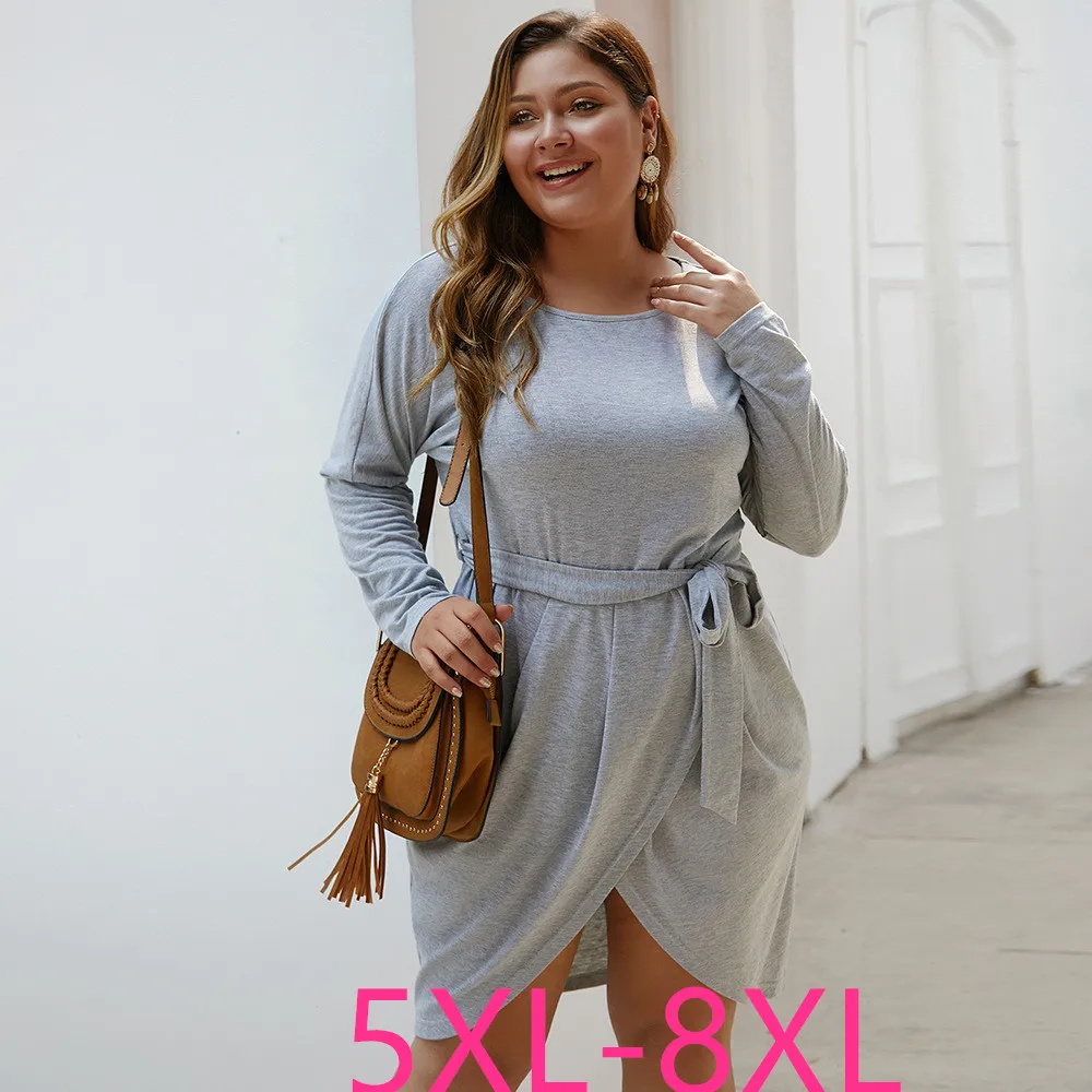 Женское свободное платье до колен повседневное серое с поясом и длинным рукавом