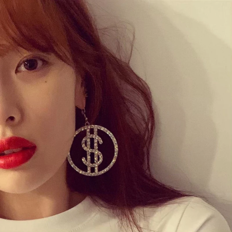 Уникальный дизайн доллар США Деньги $ падение кристалл серьги для женщин круглые