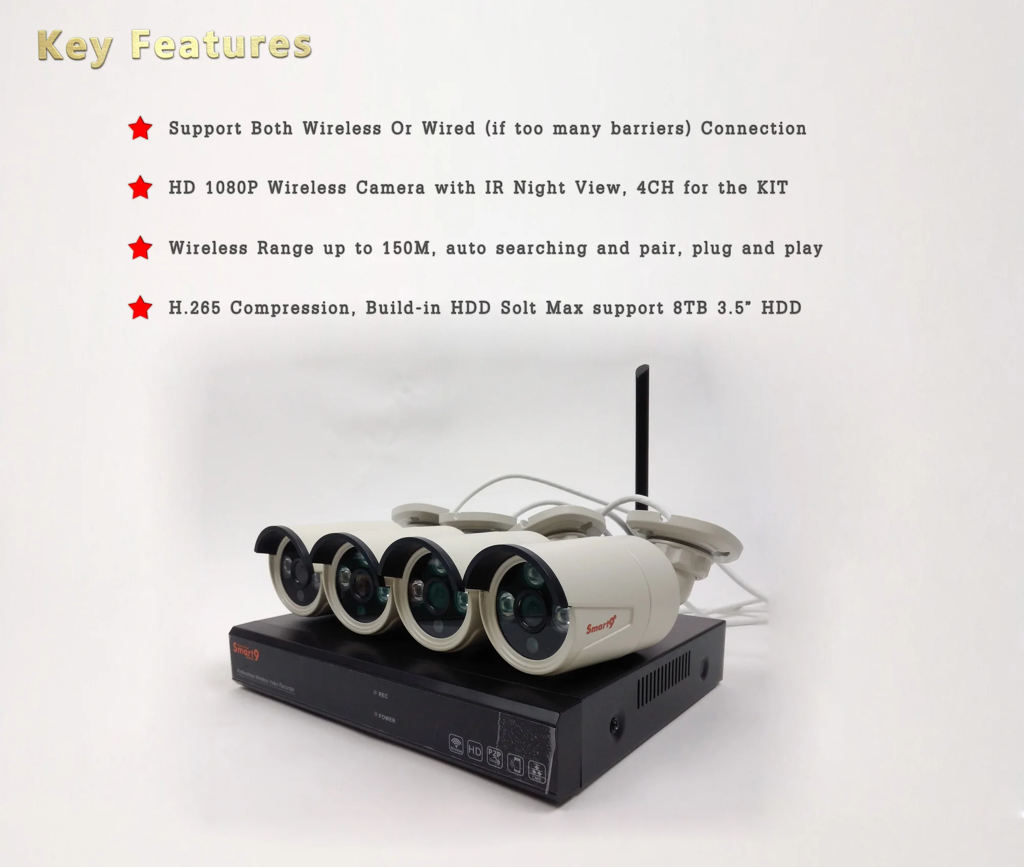 Smart9 Full HD 1080P 4CH беспроводной H.265 NVR комплект, приложение удаленного просмотра системы видеонаблюдения