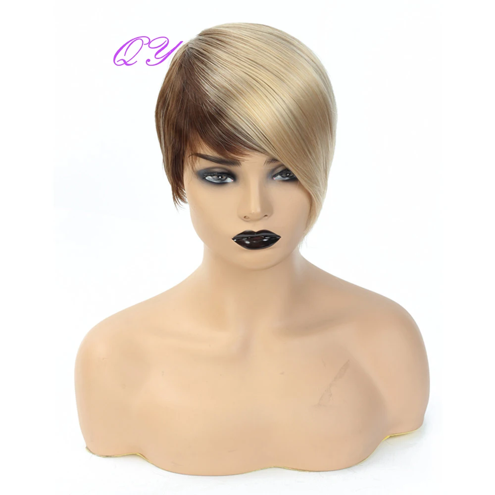 

Парик из синтетических натуральных прямых коротких волос, каштановый, с эффектом омбре, светлый, для женщин, гладкие волосы, Женская повязка...