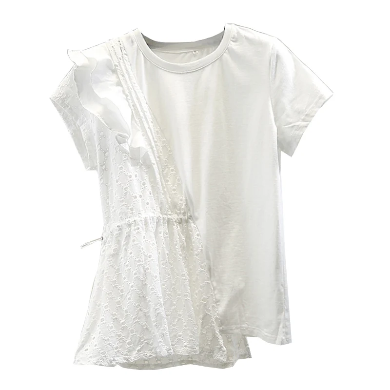 

Embroidered Hollow-out One-Side Drawstring Waist Irregular Short-Sleeved T-shirt Women's Casual Top White Black 2021 Summer