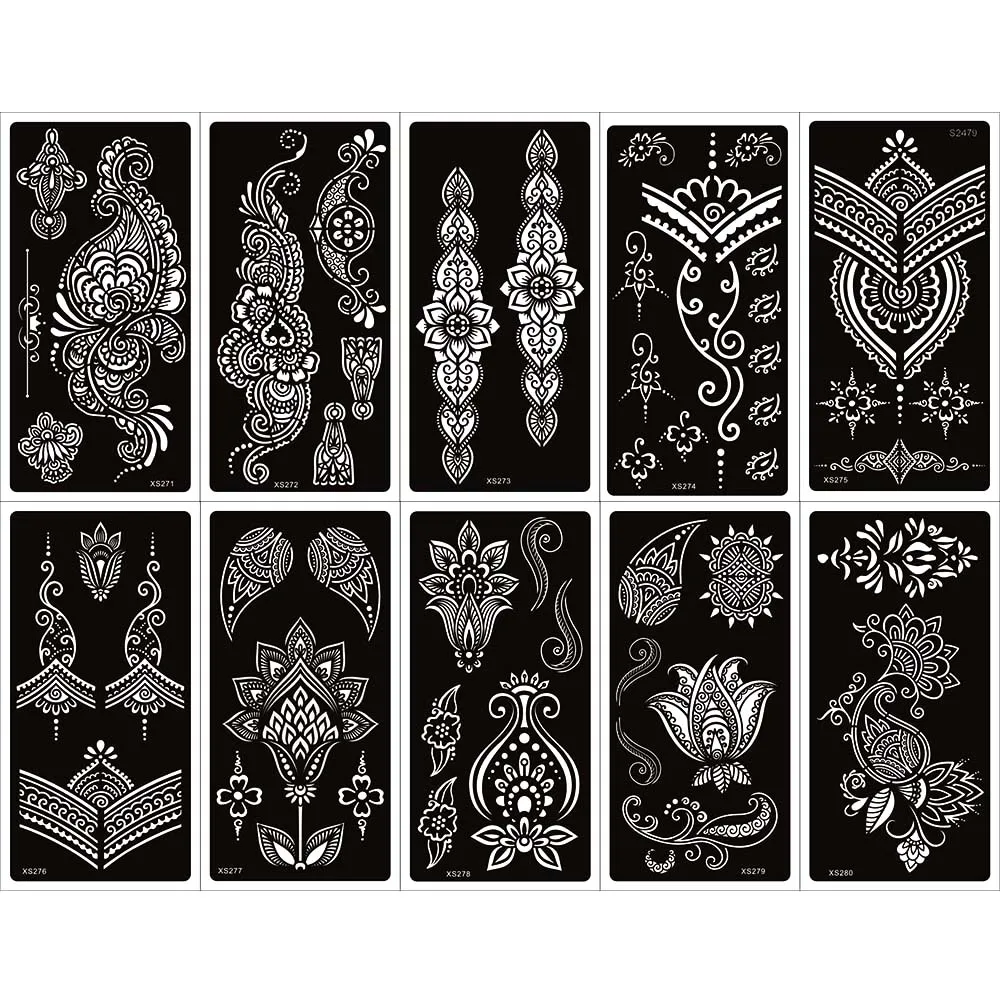 Plantilla de tatuaje de Henna de Mandala árabe de Indina, 10 hojas para pintura corporal, plantillas de tatuaje autoadhesivas de ehndi para mano, 9,5x18,5 cm
