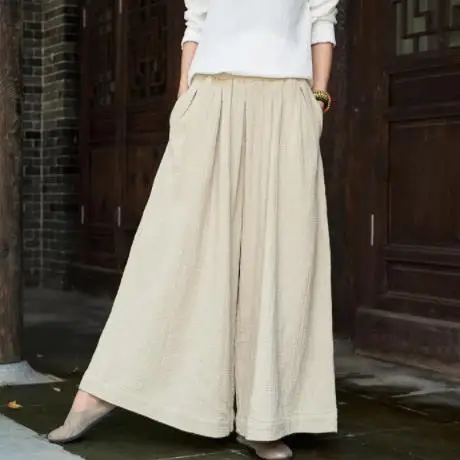 2020 Осенние Летние Брюки-кюлоты Винтажные льняные брюки свободные длинные
