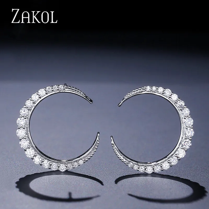 ZAKOL Classic Moon Shape Jewelry Sets White Gold With Tiny CZ Paved Pendant Necklace &amp Stud Earrings For Women FSSP3002 | Украшения и
