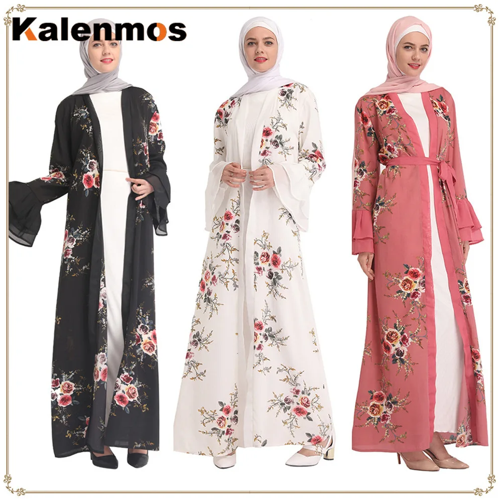 

Мусульманское платье-абайя, женское Цветочное платье с расклешенным рукавом и принтом, кимоно на шнуровке, мусульманское платье-кафтан, тур...
