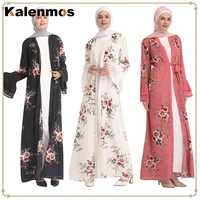 muslim abaya dress women print floral flare sleeve lace up kimono islam caftan robe turkish dubai arab dresses islamic clothing