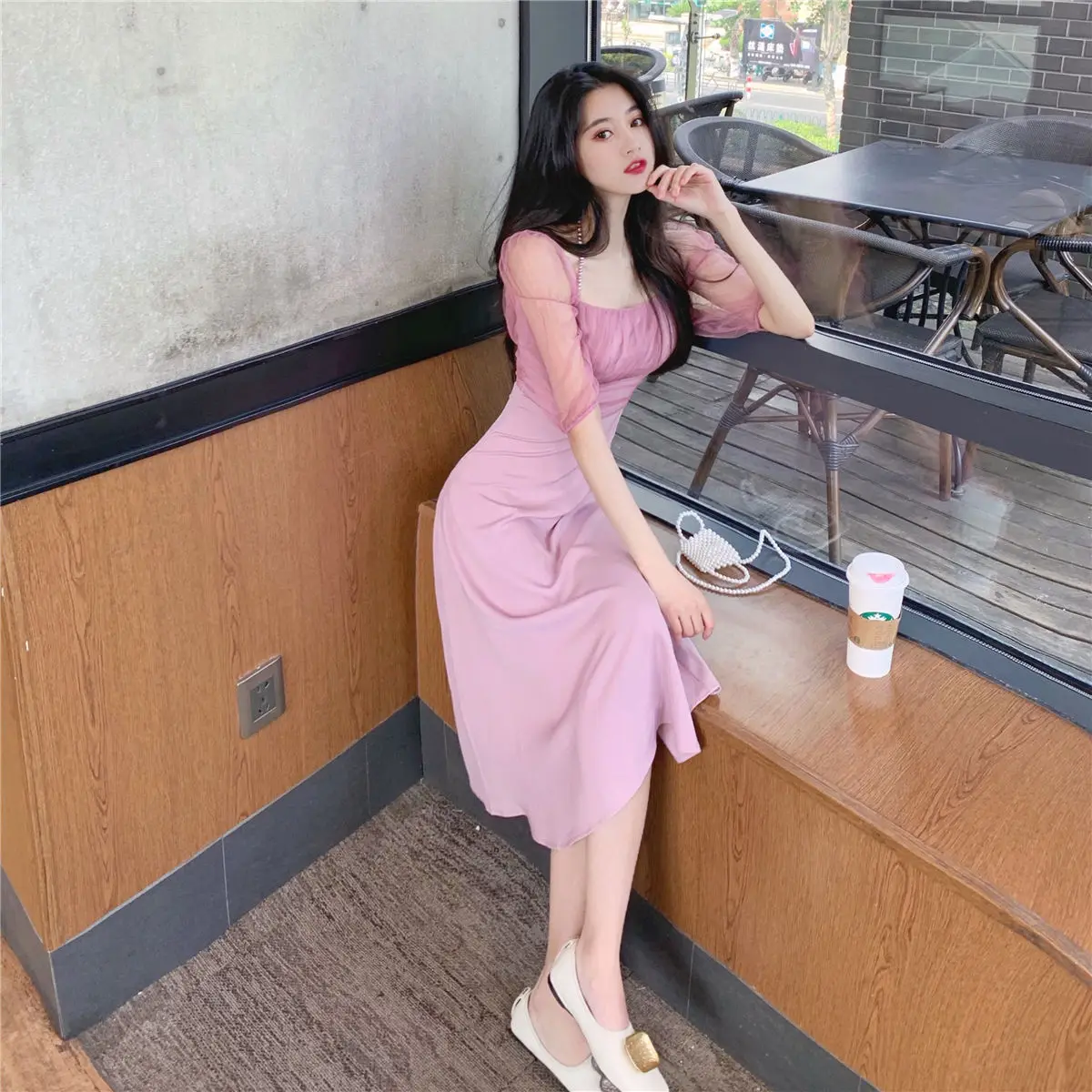 

New Midi Dress Women's Summer 2021 Dress Korean Square Neck Slim Slimming Lace Sexy Vintage Casual Fashion Dress Retro Female