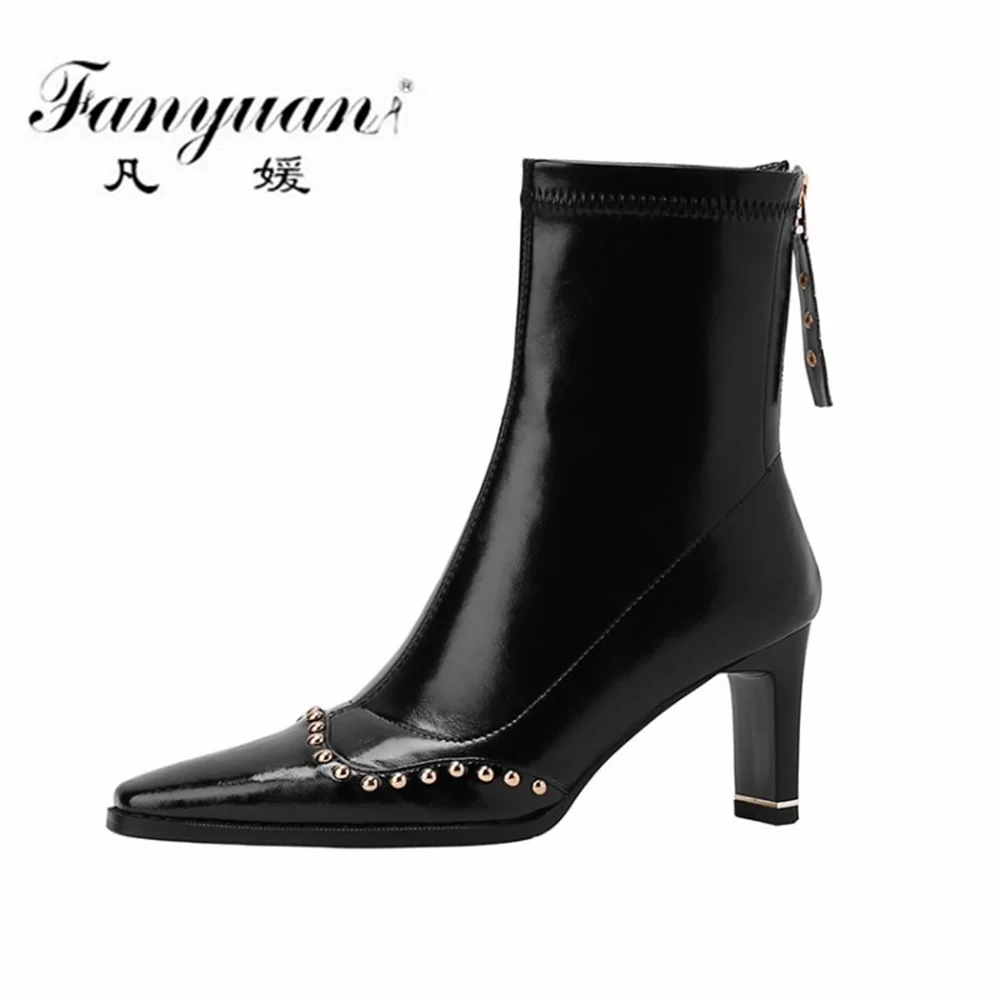

Fanyuan 2021 Women Ankle Boots Autumn Winter New Genuine Leather Rivet Pointed Toe Thick Heels Elastic boots Shoes Woman