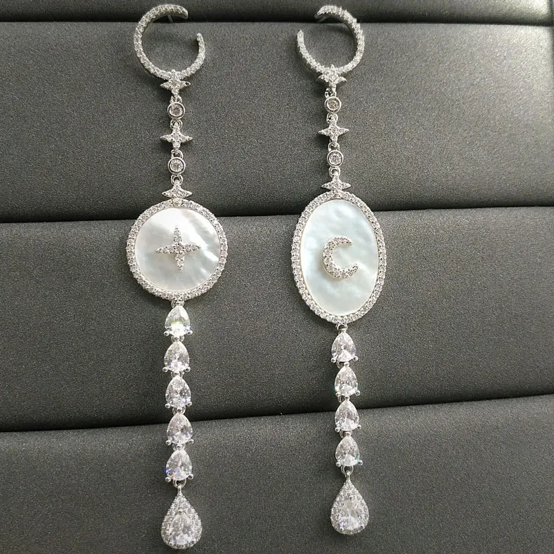 

s925 sterling silver earrings star and moon mother shell earrings female asymmetric white shell crystal diamond jewelry