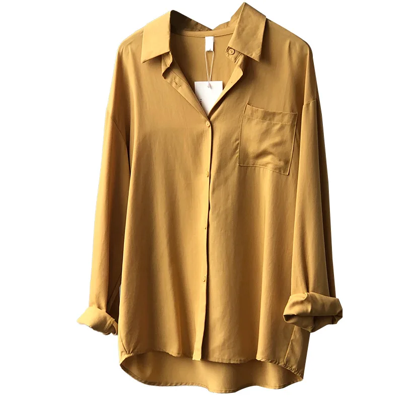 

Tencel Blouse Retro Oversize Yellow White Blouse Maxi Women Chic Solid Shirt Blusas Roupa Long Sleeve Plus Size Shirts Chemisier