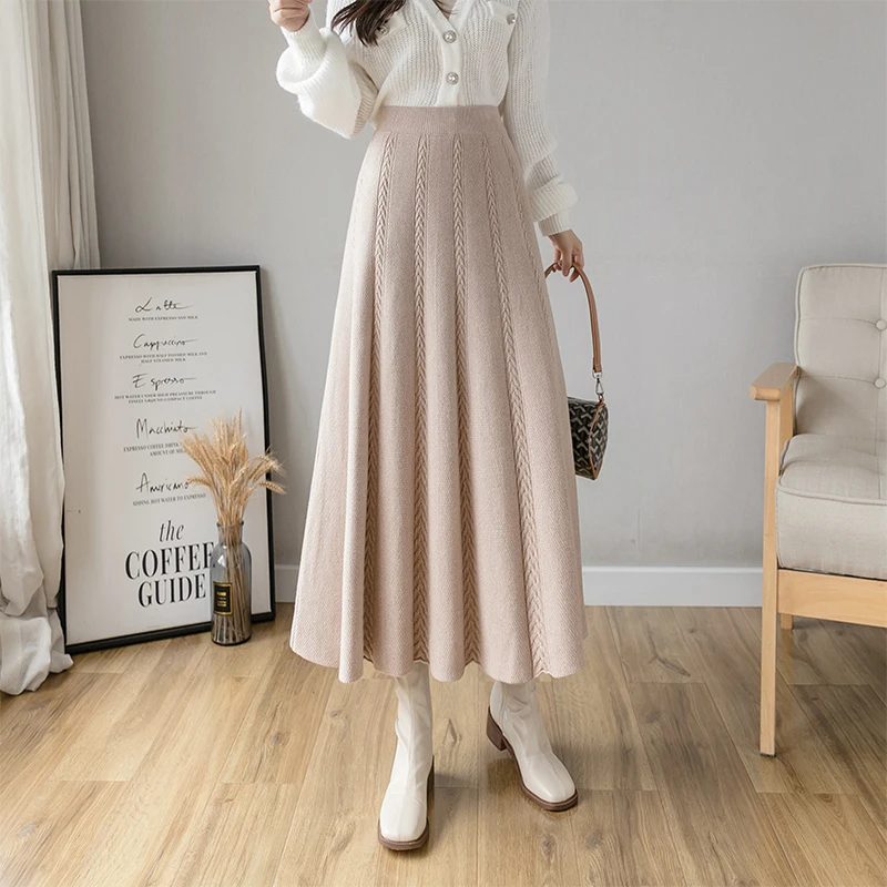 

Женская плиссированная юбка-свитер, длинная теплая трикотажная юбка-трапеция с высокой эластичной талией, средней длины, Осень-зима 2021