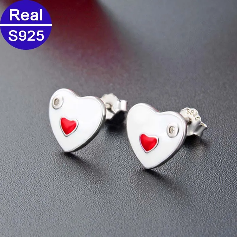 

Fashion Small Cute Ladies 925 Sterling Silver Enamel Heart Earrings Stud For Women Wedding Jewelry Romantic Anniversary Gift