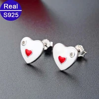 fashion small cute ladies 925 sterling silver enamel heart earrings stud for women wedding jewelry romantic anniversary gift
