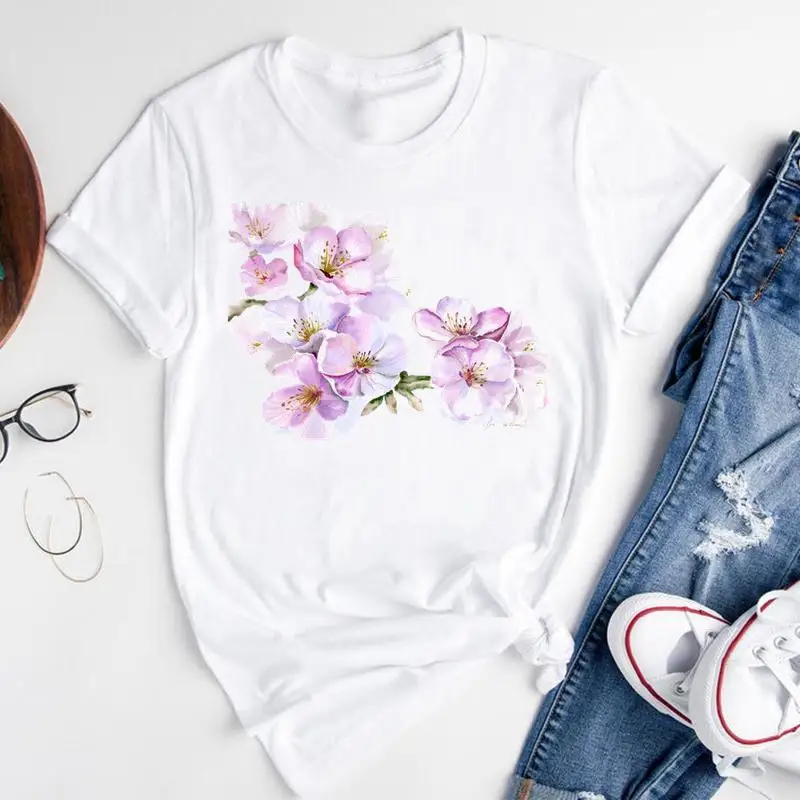 

Women Sweet Cartoon Floral Love Watercolor 2021 New Short Sleeve Summer Fashion Print Lovely Clothes Tops Tees Tshirt T-Shirt
