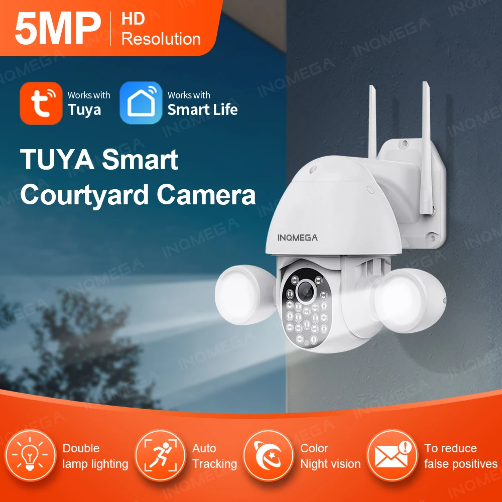 

INQMEGA 5MP TUYA Smart Courtyard Camera Dual Floodlight Day and Night Full Color Lighting Security Protection CCTV Support Alexa