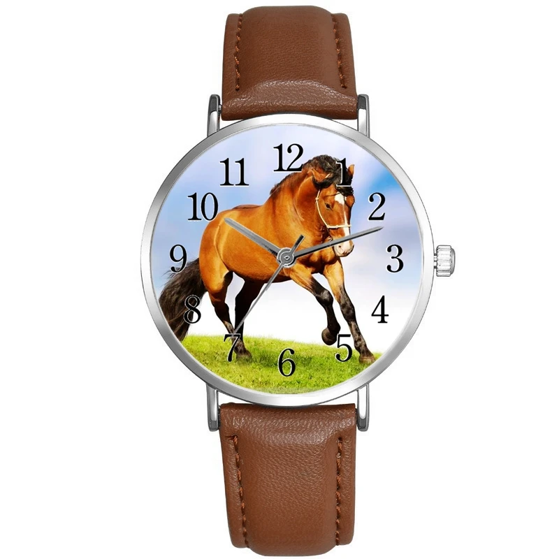 New Watch Running Horse Print Animal Unicorn Fashion Silver Brown Leather Strap Men Women And Sport Quartz WristWatch