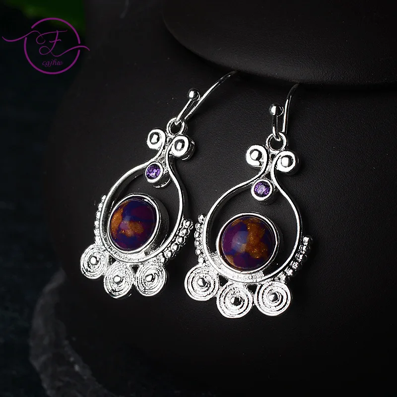 

Silver Drop Earring Charoite Earring Female Created Gemstone Ear Pendant Ear Ornaments Retro Jewelry Earrings for Women