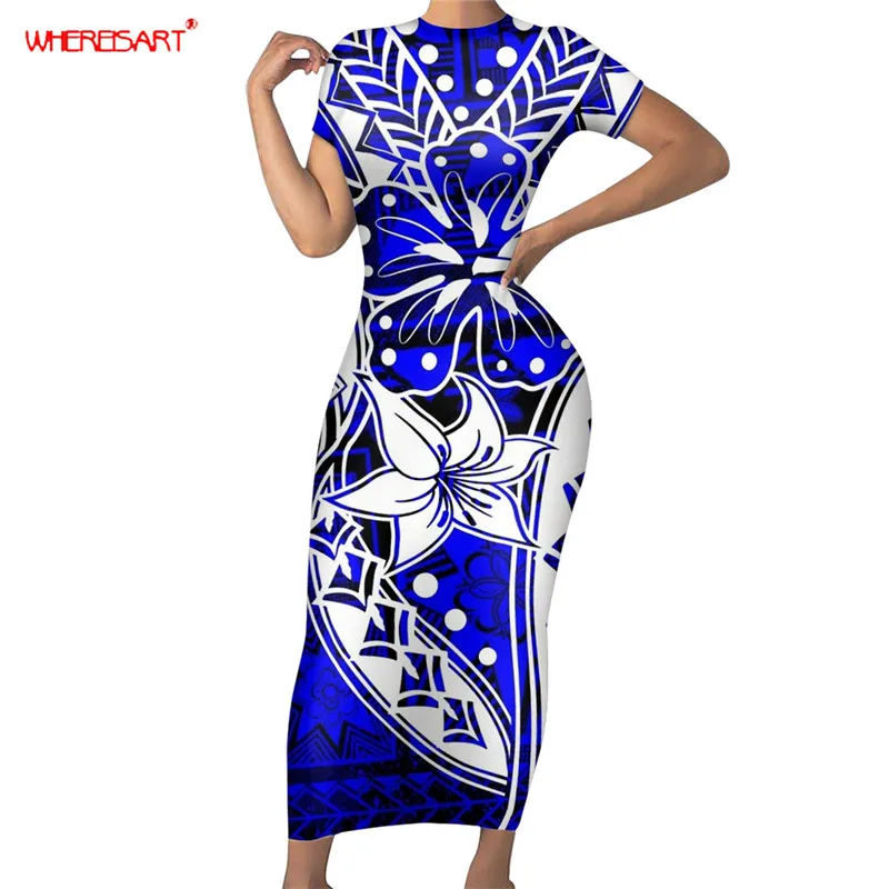 

WHEREISART Hawaii Blue Flower Print Nightout Pencil Dress for Women Sexy Slim Party Maxi Dress Summer Short Sleeve Cloth mujer