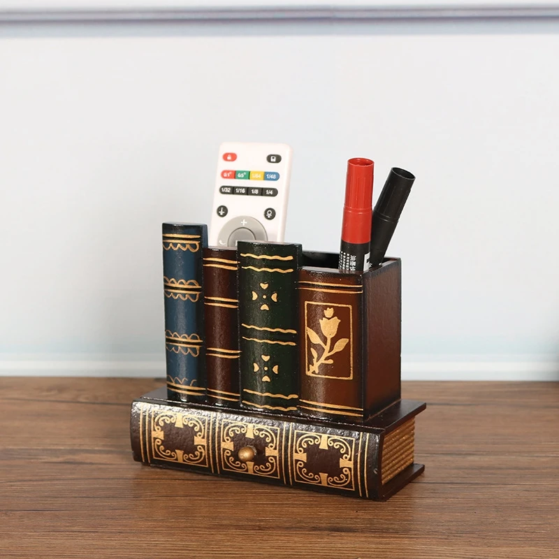 

Vintage Wood Pen Holder Desk Organizer for Stationery Office Home Decoration Multifunction Storage Box Children Bookcase