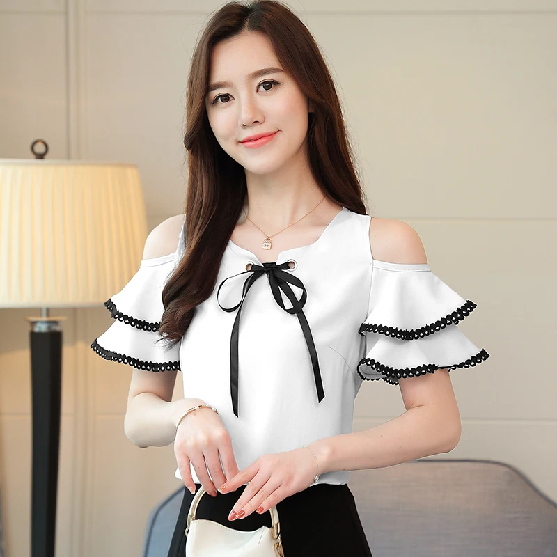 

New Women Tops Short Sleeved Blouses Office Lady Summer Fashion Blouses Shirts Sweet Lady Chiffon Ruffles Shirts 0294 40