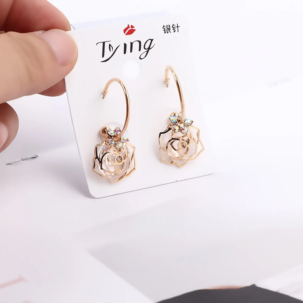 Shiny Fashion Earring Jewelry Rhinestone Rose Drop Earrings For Women Korea Hollow Crystal Flower 1 Pai | Украшения и аксессуары