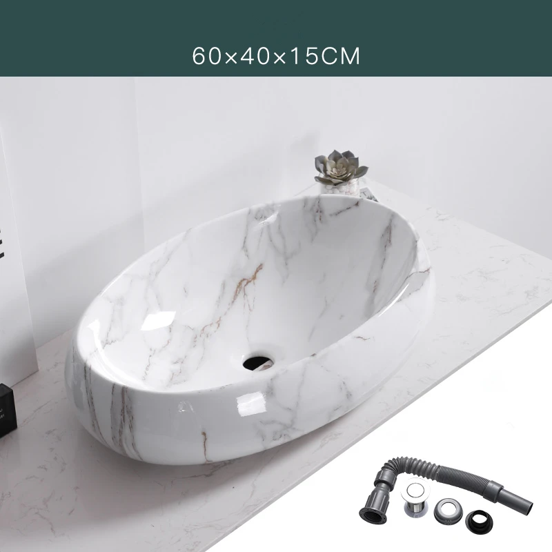 Белая овальная керамическая раковина в скандинавском стиле с простым мраморным