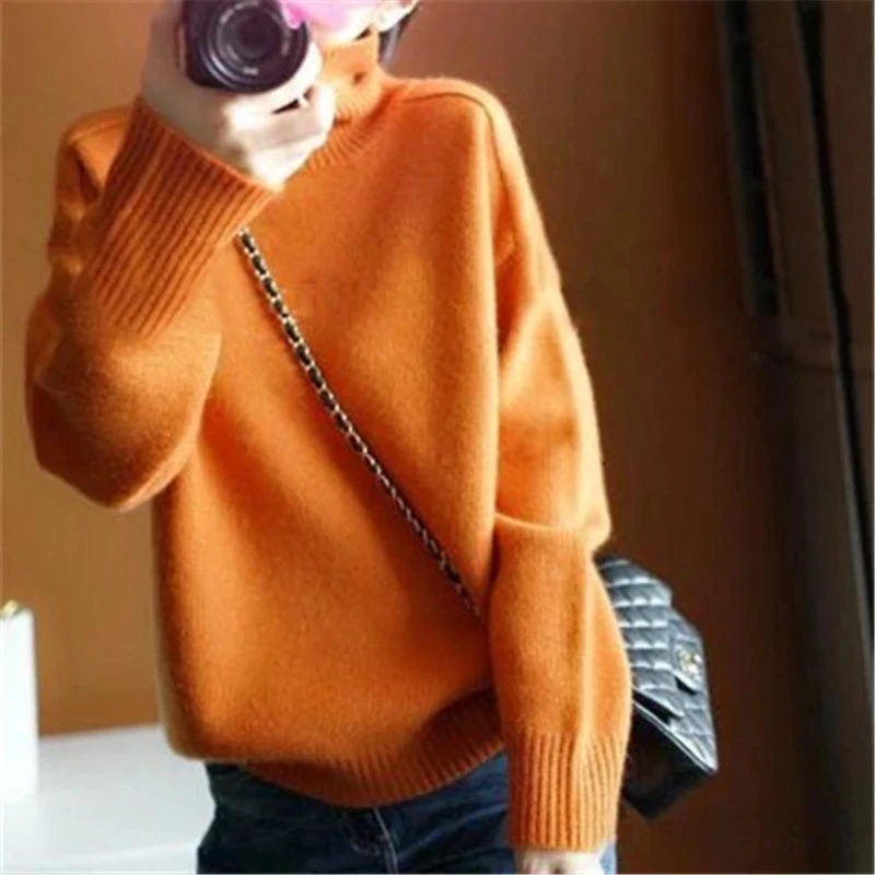 

Осенне-зимний кашемировый свитер с высоким воротником оранжевого цвета, Женский утепленный пуловер, свитер, повседневный базовый джемпер, ...
