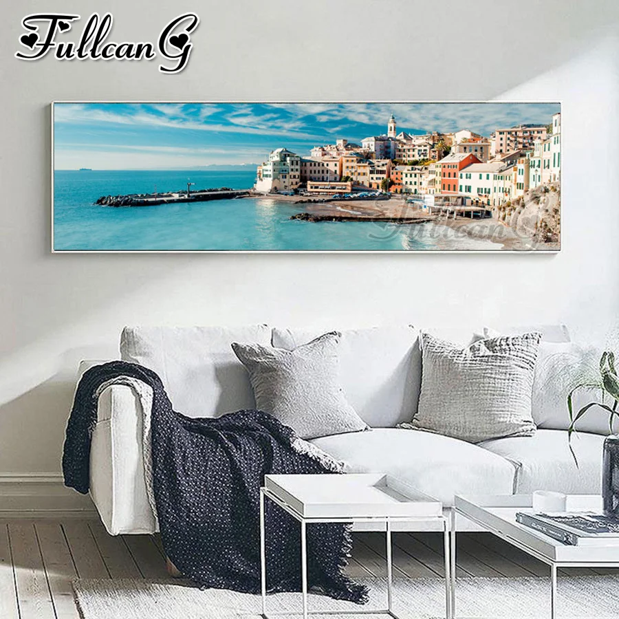 

FULLCANG Seaside house scenery diy 5d full square round drill diamond embroidery sale large mosaic painting home decor FC3534