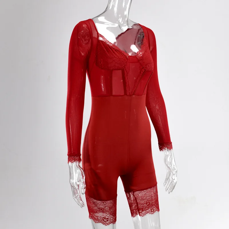 

Женский однотонный комбинезон, Осенний комбинезон Hirigin, Повседневная Прозрачная облегающая пикантная верхняя одежда с длинным рукавом и V-о...