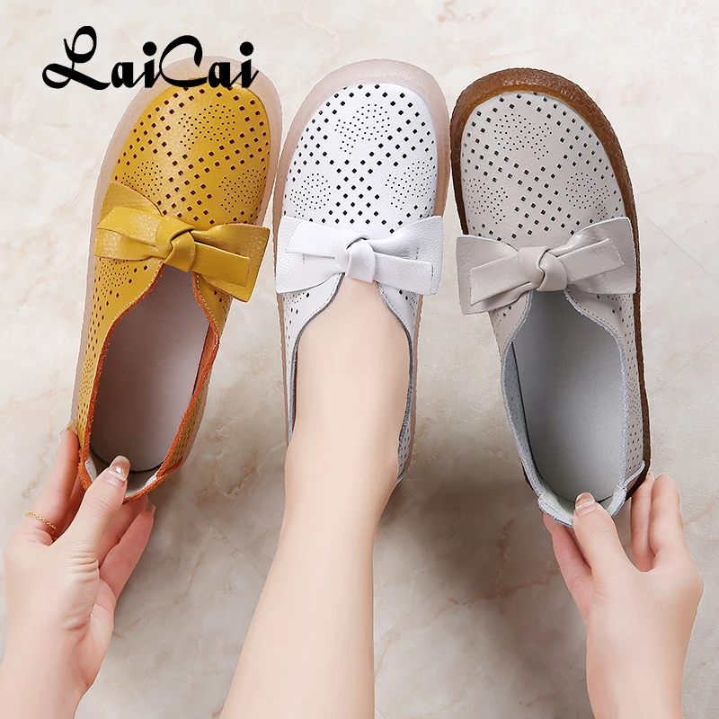 

Spring/Summer Hollow Women's Shoes Casual Non-slip Cow Leather Breathable Soft Bottom for Woman Flat Single Round Bow Tie Shoes