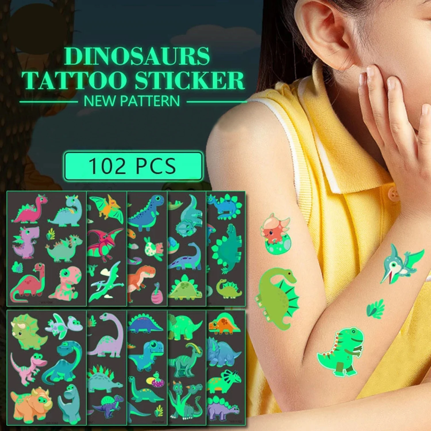 

Детская мультяшная светящаяся татуировка для лица, временная забава, динозавр, тираннозавр, единорог, вознаграждение, наклейка, водостойка...