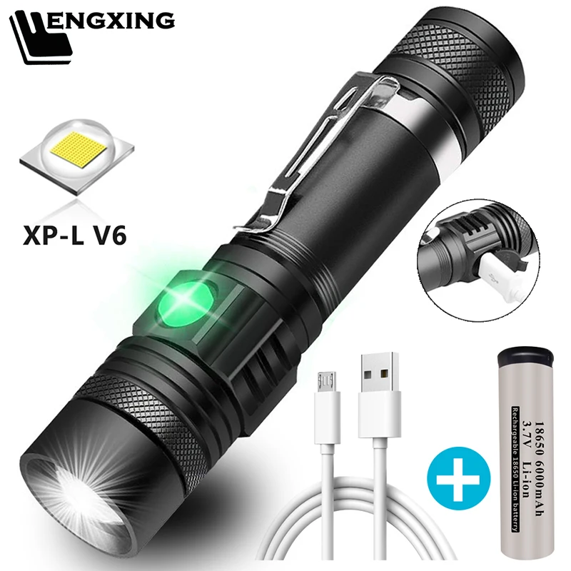 

Ultra Bright LED Flashlight With XP-L T6 V6 LED Lamp Beads Waterproof Torch Zoomable 4 Lighting Mode Multi-Function USB Charging