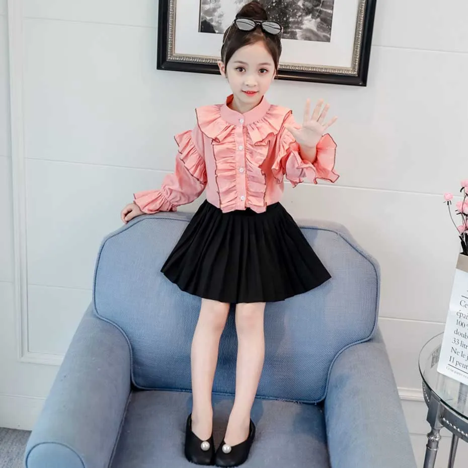Весенняя детская одежда блузка с оборками и плиссированная юбка для девочек из 2