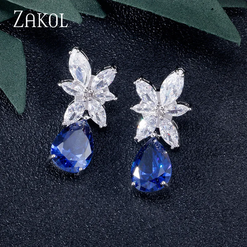 Blue ZAKOL, модные, листовой циркон, висячие серьги для женщин, белое золото, цвет кристалл, свадебные серьги, свадебные ювелирные изделия, подарок brinco FSEP167A - Окраска металла: Blue