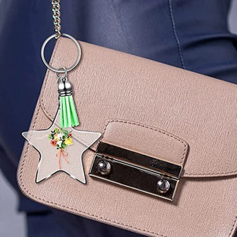 

108Pcs Acrylic Clear Round Star Rectangle Heart Shape Blanks Keychain Tassel Set