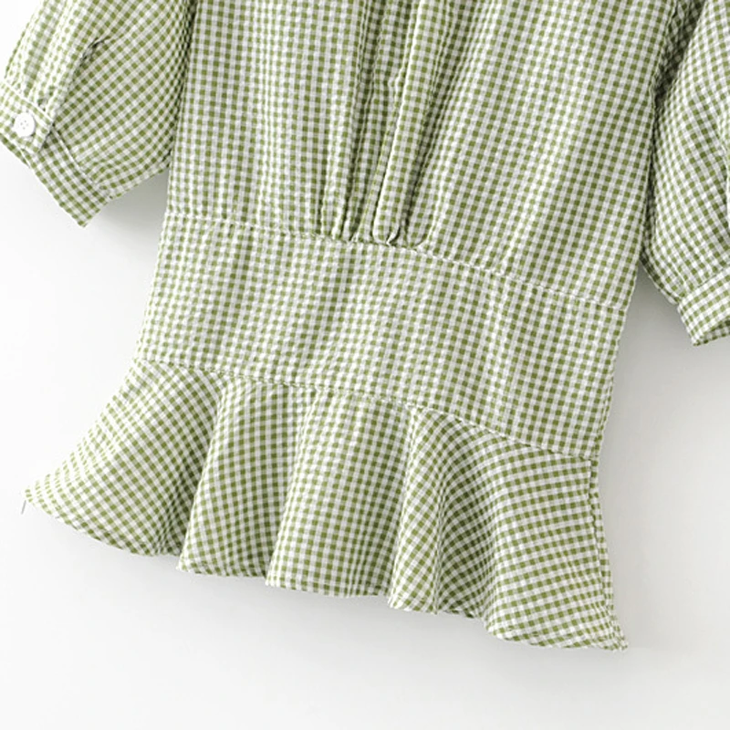 

HStar Women Franch Style plaid Blouse Shirts Vintage Female Loose V-Neck Blouse Sweet Lady Sexy blouse