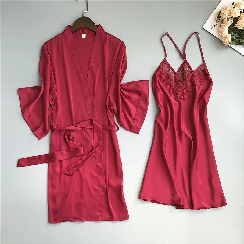 Розовые пижамные комплекты весенний женский халат платье костюм Сексуальная