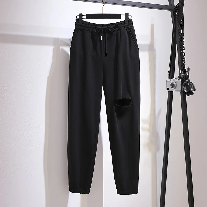 

XXL-6XL Plus Size Loose And Sports Thin Cut Hole Versatile Wide Leg Leggings 2021 Spring Large Casual Women's Pants