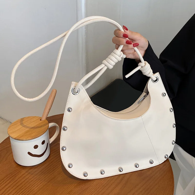 

Retro Rivets PU Leather Armpit Baguette Crossbody Bag for Women 2021 Designer Shoulder Handbags and Purse Female Travel Tote Bag