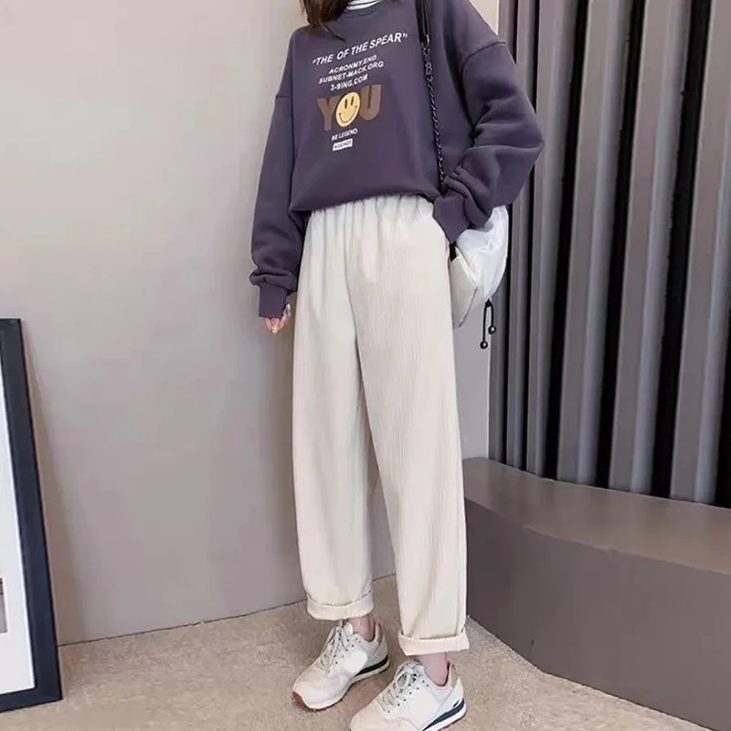 

Rimocy 2021 Corduroy Loose Casual Pants Women Autumn Vintage Elastic Waist Wide Leg Pants Woman Korean Oversize Trousers Female