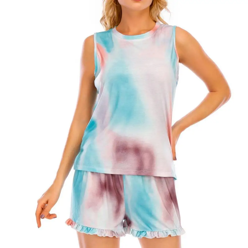 

Women's Pajama Cotton Nightgown Tie Dye Printed Ruffle Short Lounge 2 Pieces Sleep Suit Gradient Home Wear Soft Comfort Roomwear
