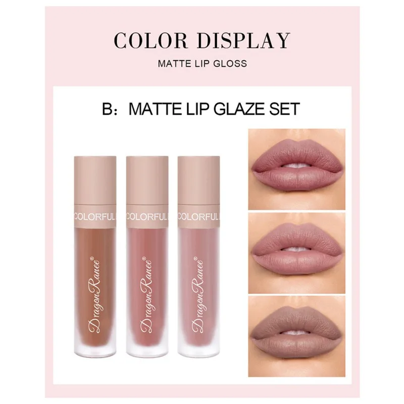 

Vloeibare lippenstift 3-kleuren lipgloss set geschenkdoos natuurlijke hydraterende waterdichte matte make-up lippenstift